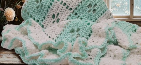 Super Soft Cozy: Crochet Baby blanket in Mint Green and White stripes, done in a flower design with a beautiful border.
