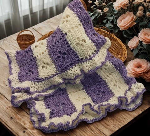 Super Soft Cozy: Crochet Baby blanket in purple and White stripes, done in a flower design with a beautiful border.